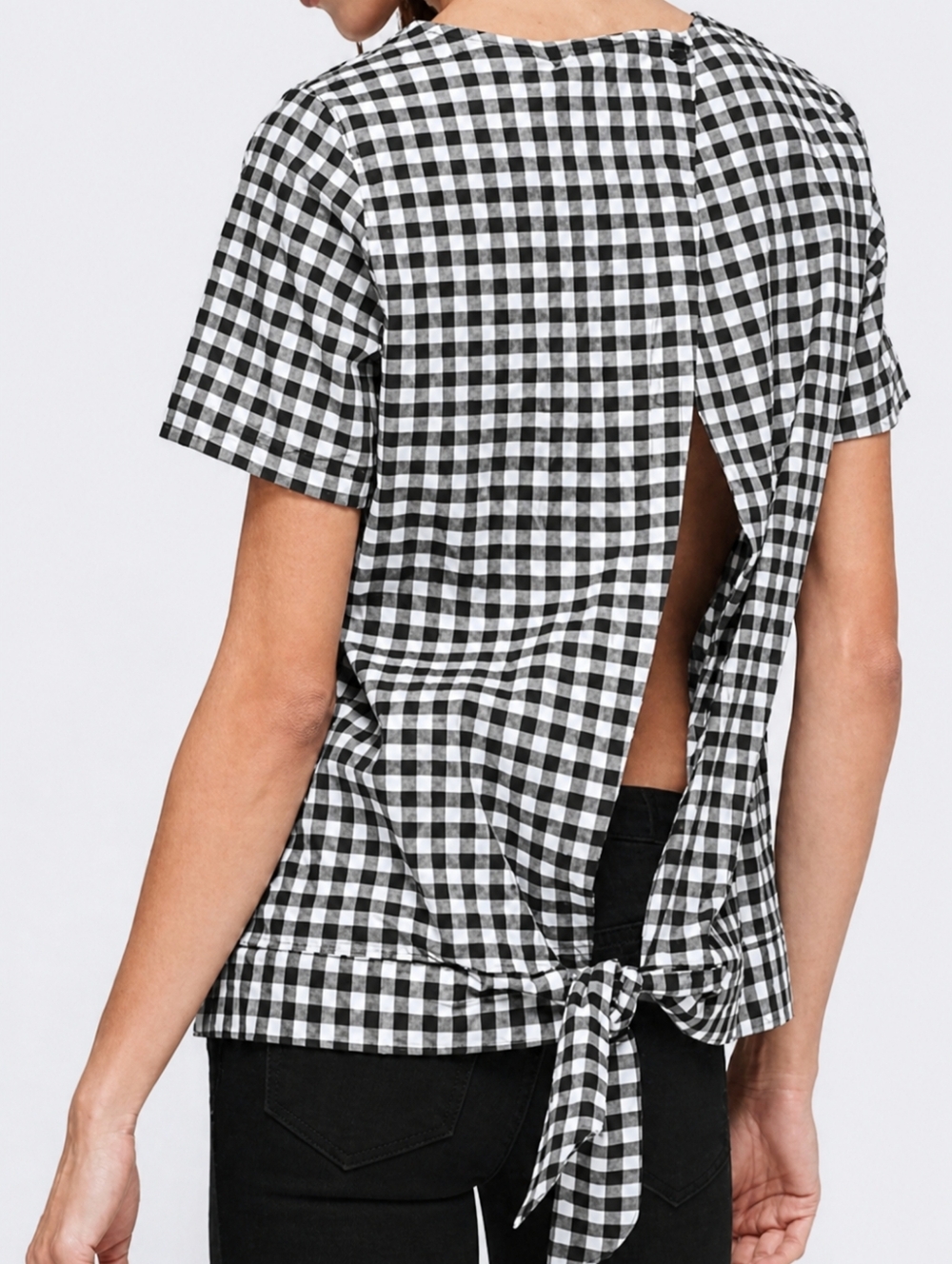 NWT Pleoone Black & White Gingham Tie-Back Top Size M